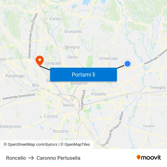 Roncello to Caronno Pertusella map