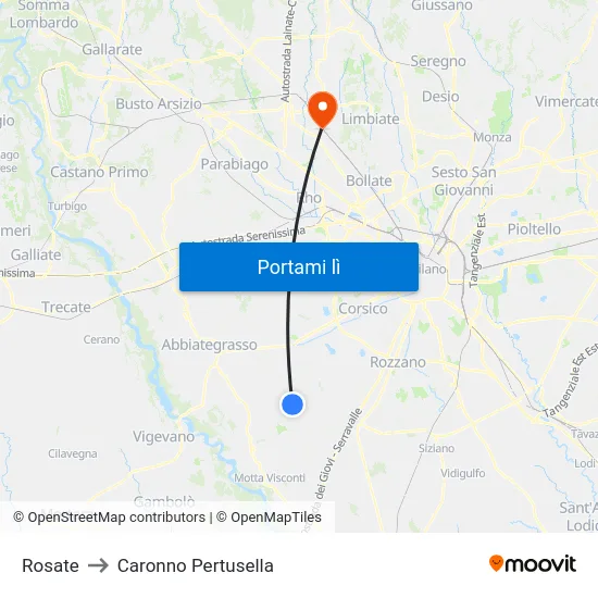 Rosate to Caronno Pertusella map