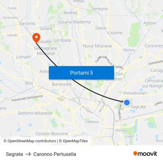 Segrate to Caronno Pertusella map