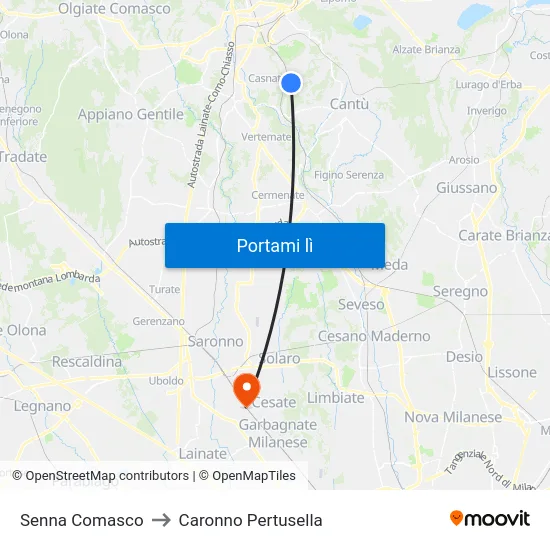 Senna Comasco to Caronno Pertusella map