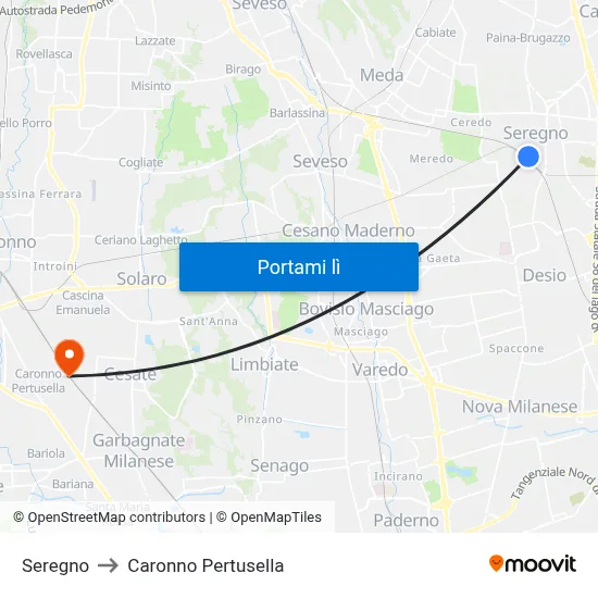 Seregno to Caronno Pertusella map
