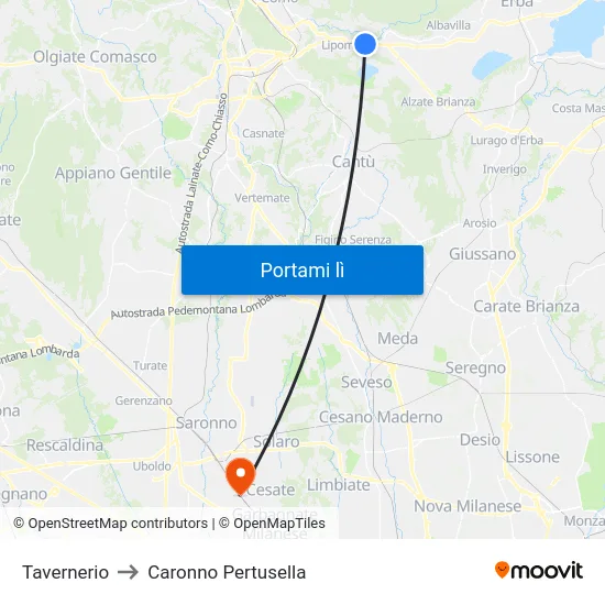 Tavernerio to Caronno Pertusella map