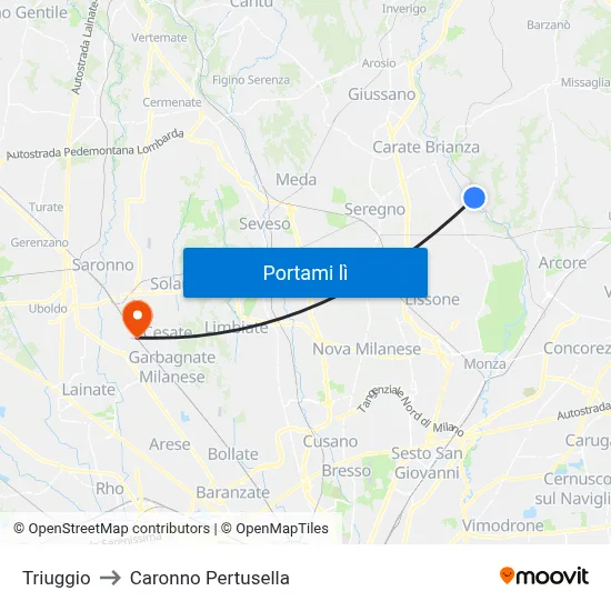 Triuggio to Caronno Pertusella map