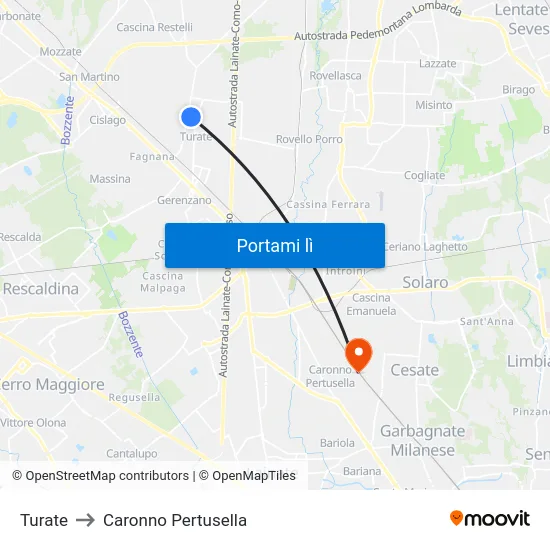 Turate to Caronno Pertusella map