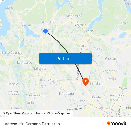 Varese to Caronno Pertusella map