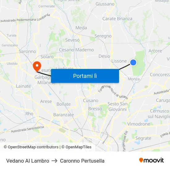 Vedano Al Lambro to Caronno Pertusella map
