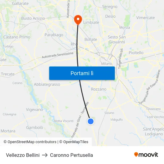 Vellezzo Bellini to Caronno Pertusella map