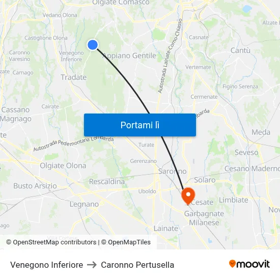 Venegono Inferiore to Caronno Pertusella map
