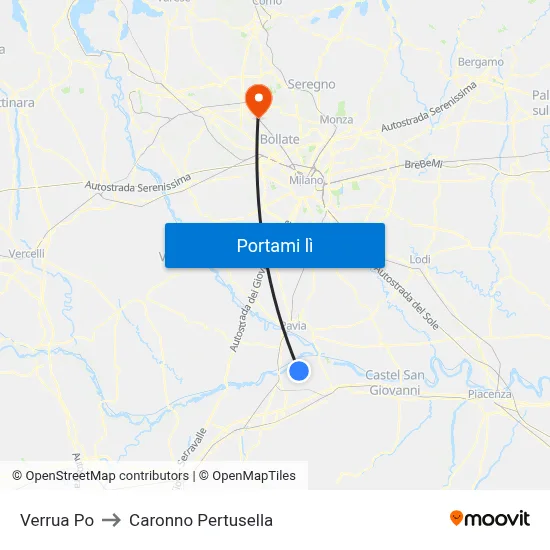 Verrua Po to Caronno Pertusella map