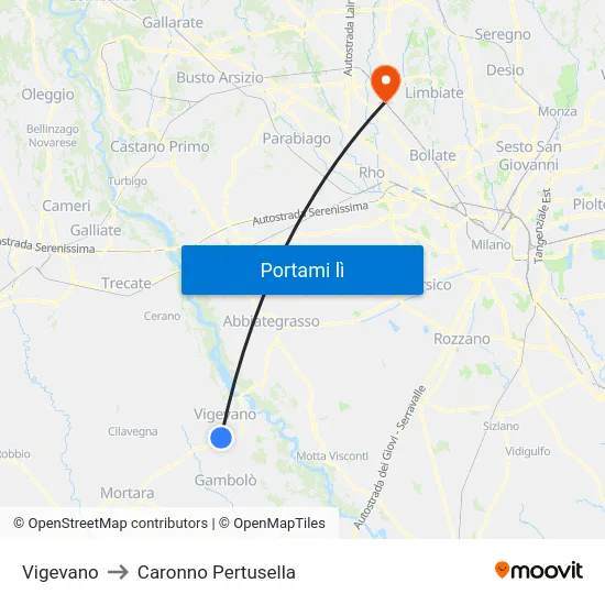 Vigevano to Caronno Pertusella map