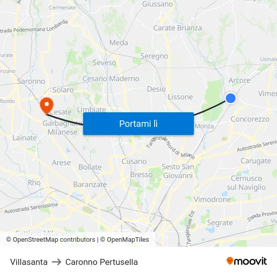 Villasanta to Caronno Pertusella map