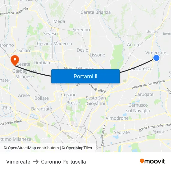 Vimercate to Caronno Pertusella map