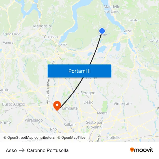 Asso to Caronno Pertusella map