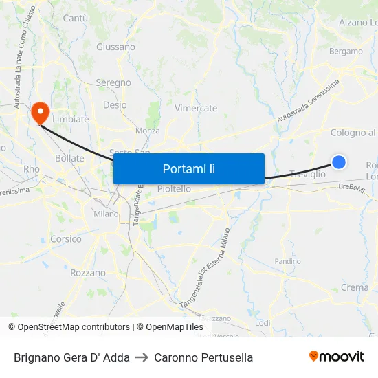 Brignano Gera D' Adda to Caronno Pertusella map