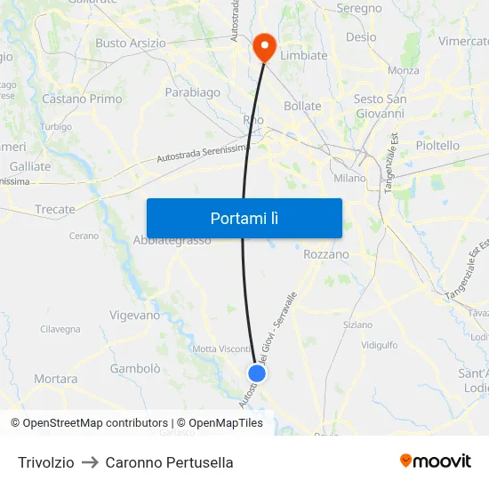 Trivolzio to Caronno Pertusella map