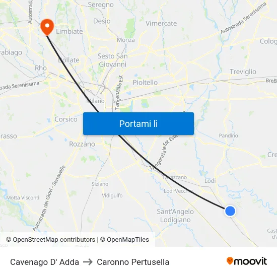 Cavenago D' Adda to Caronno Pertusella map