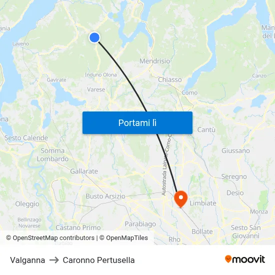 Valganna to Caronno Pertusella map