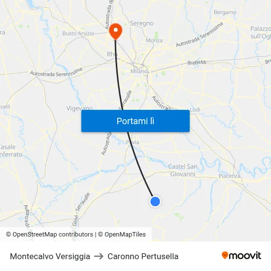 Montecalvo Versiggia to Caronno Pertusella map