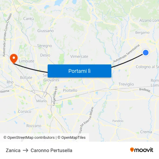 Zanica to Caronno Pertusella map