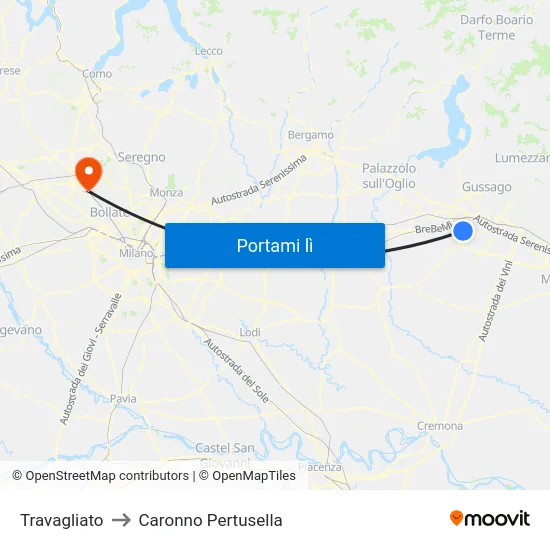 Travagliato to Caronno Pertusella map