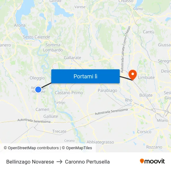 Bellinzago Novarese to Caronno Pertusella map
