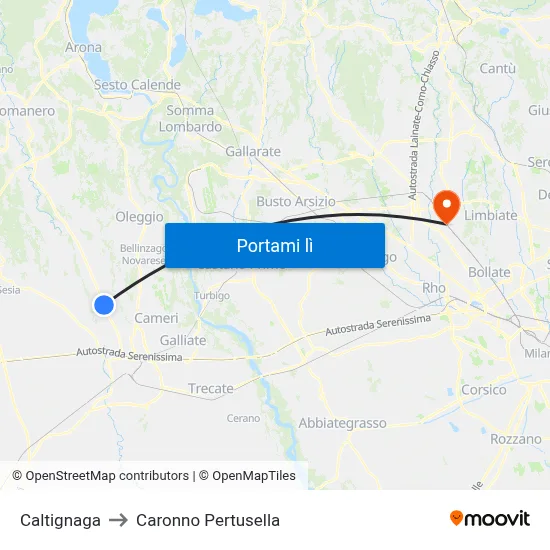 Caltignaga to Caronno Pertusella map