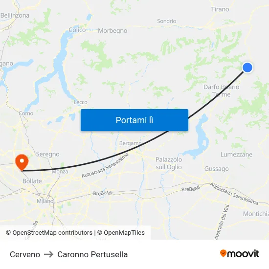 Cerveno to Caronno Pertusella map
