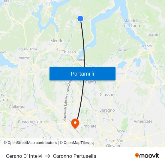 Cerano D' Intelvi to Caronno Pertusella map