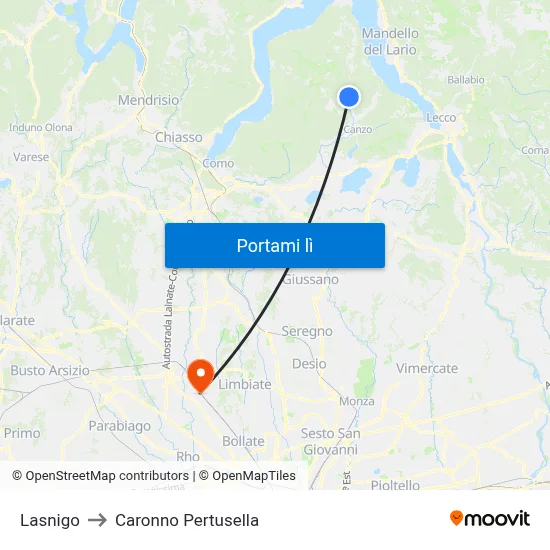 Lasnigo to Caronno Pertusella map