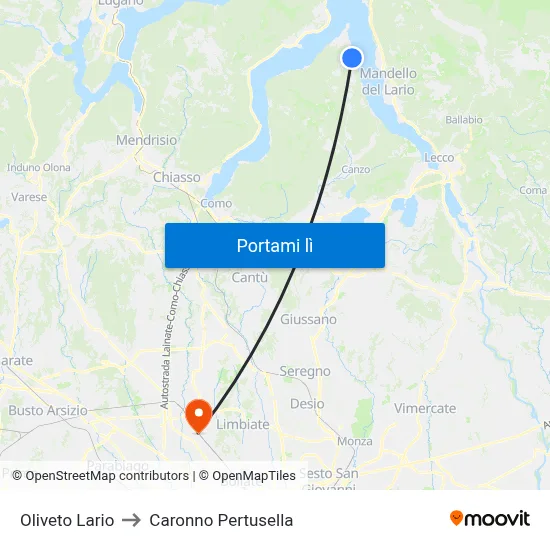 Oliveto Lario to Caronno Pertusella map