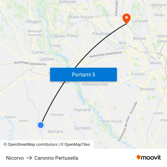 Nicorvo to Caronno Pertusella map