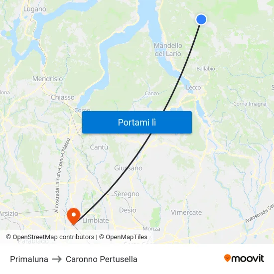 Primaluna to Caronno Pertusella map