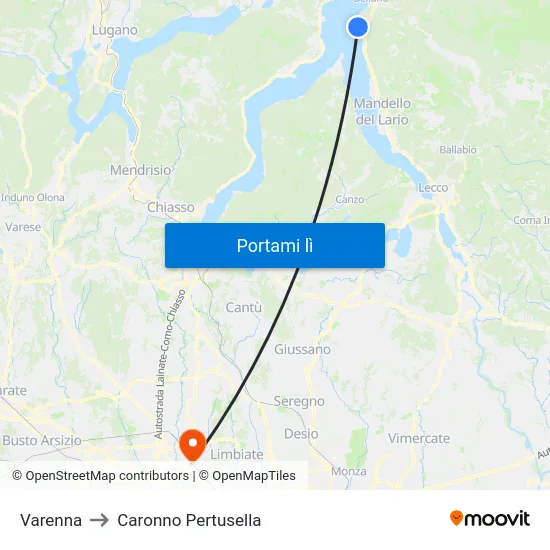 Varenna to Caronno Pertusella map