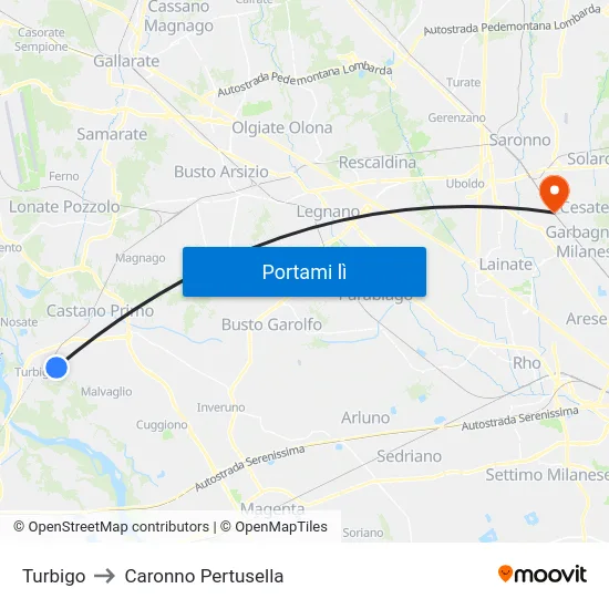 Turbigo to Caronno Pertusella map