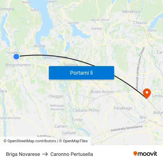 Briga Novarese to Caronno Pertusella map