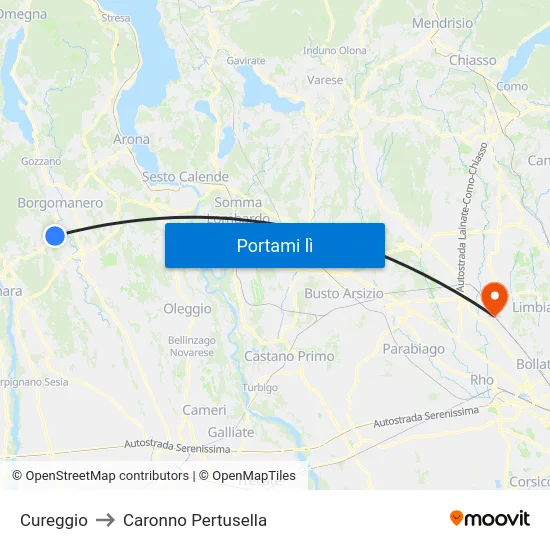 Cureggio to Caronno Pertusella map