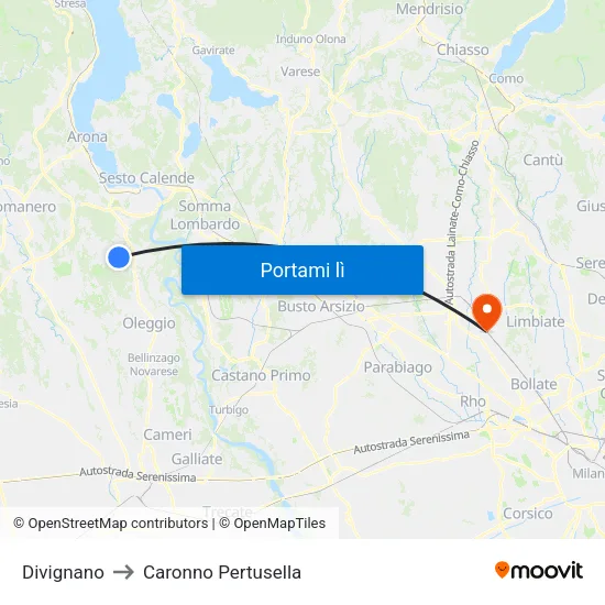 Divignano to Caronno Pertusella map