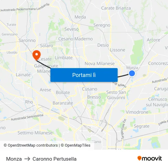 Monza to Caronno Pertusella map