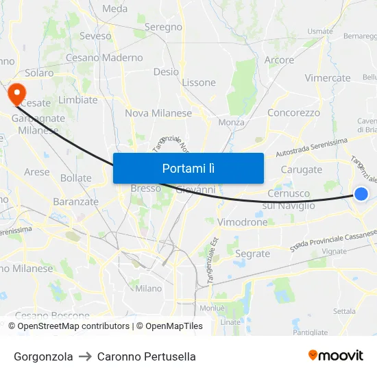 Gorgonzola to Caronno Pertusella map