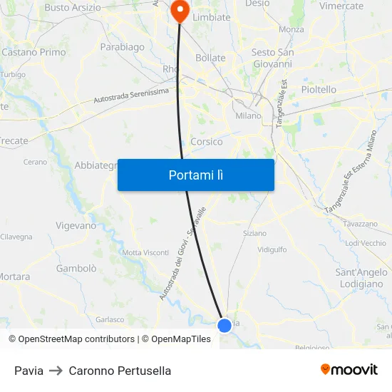 Pavia to Caronno Pertusella map