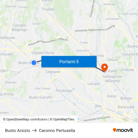 Busto Arsizio to Caronno Pertusella map