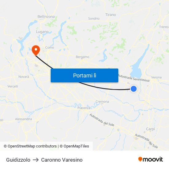 Guidizzolo to Caronno Varesino map