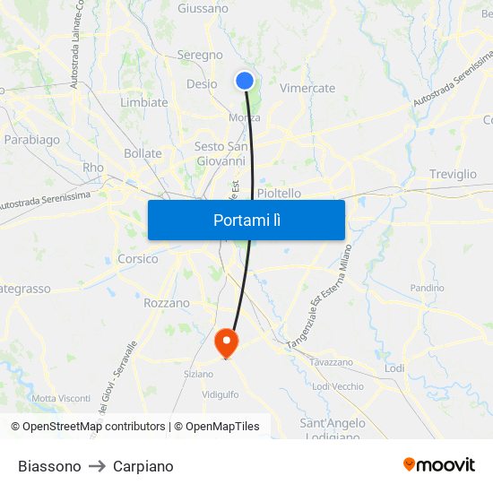 Biassono to Carpiano map