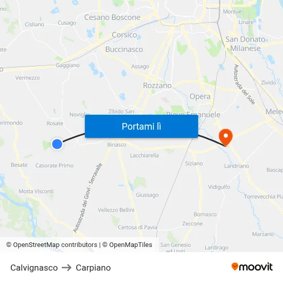 Calvignasco to Carpiano map