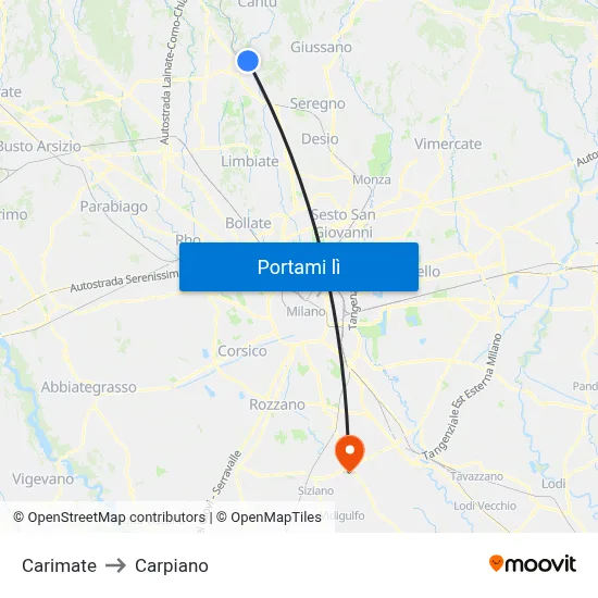 Carimate to Carpiano map
