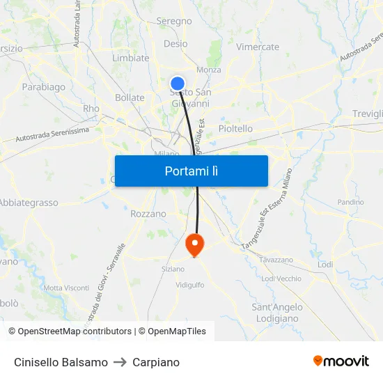 Cinisello Balsamo to Carpiano map