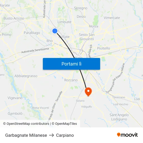 Garbagnate Milanese to Carpiano map