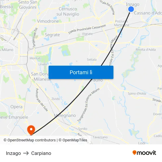 Inzago to Carpiano map