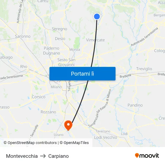 Montevecchia to Carpiano map