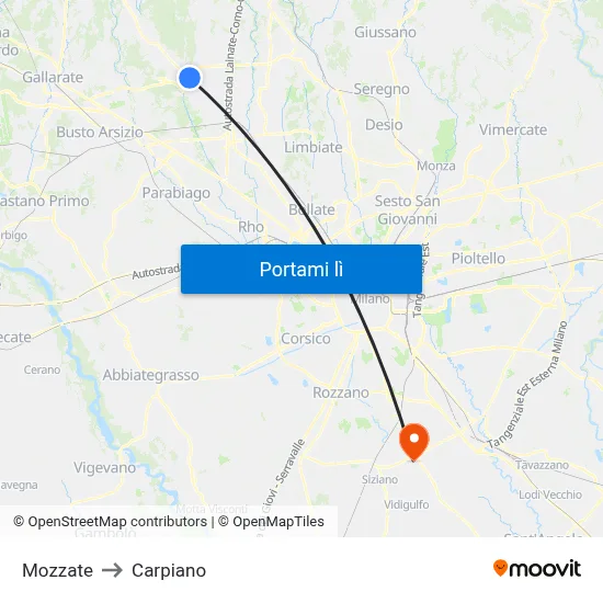 Mozzate to Carpiano map